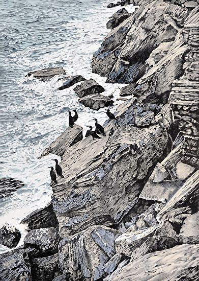 Cliff Divers by Elisabeth Sommerville Stone lithograph ~ 24" x 17" Cliff Sketch, White Cliffs, Cliff Edge Drawing, Drawing Cliffs And Rocks, Cliffs Illustration, Granville Island, Workshop Studio, Artist Project, Tempera Painting