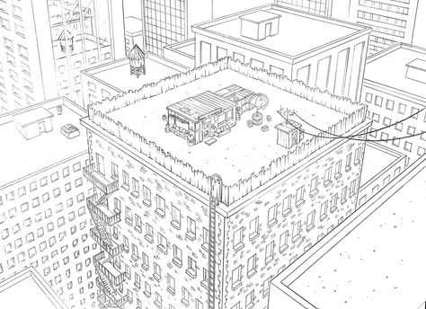 amazing rooftop art. What # of perspective? Rooftop Drawing Reference, Rooftop Reference, Rooftop Drawing, Rooftop Illustration, Building Sketches, City Reference, Cityscape Drawing, Nyc Rooftop, Building Sketch