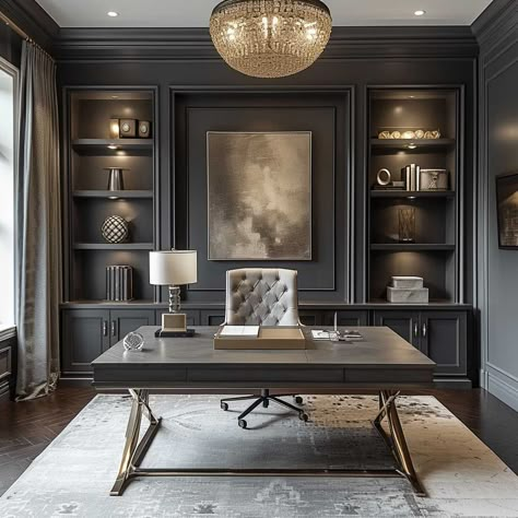 How Interior Design Color Themes Can Transform Your Home into a Haven • 333+ Images • [ArtFacade] Restoration Hardware Home Office, Speakeasy Home Office, Modern Elegant Office Design, Billy Built In Desk, Office With Tall Ceilings, Office Wall With Window, Masculine Corporate Office, Modern Men’s Office, Home Office Design Built Ins