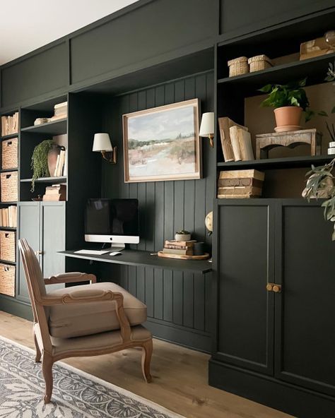 Black Cabinet Home Office, Ikea Billy Hack Office, Ikea Built In Bookcase With Desk, Ikea Billy Bookcase Office, Billy Bookcase Desk Hack, Moody Study Room, Built In Billy Bookcase, Billy Bookcase Built In, Billy Bookcase Office