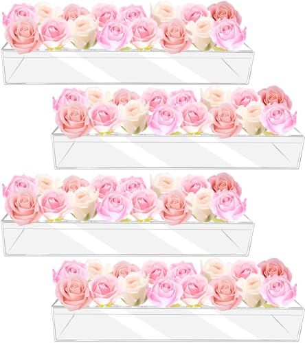 4Pcs Acrylic Flower Vase with 64 Holes,63 inch Decorative Long Clear Vase Modern,Rectangular Acrylic Vases Clear Floral Centerpiece for Dining Table Reception Home Party Decorations 1st Communion Party Pink Centerpieces, Pink Baby Centerpieces, Pink And Gold Vase Set Up, Square Vase Centerpieces Michaels Stores, Clear Flower Boxes, Rectangular Table Centerpiece Baby Shower, Center Prices For Table, Acrylic Flower Vase, Home Party Decorations