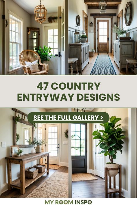 Explore 47 charming country entryway designs showcasing rustic decor and inviting elements. This pin features 4 images highlighting various styles from farmhouse signage to wooden benches, perfect for cozy decor lovers. Ranch Home Entryway, Entry Way Decoration Ideas, Country Entryway Ideas, Rustic Bench Entryway, Foyers And Entryways, Country Entryway, Entryway Designs, Rustic Foyer, Wooden Benches