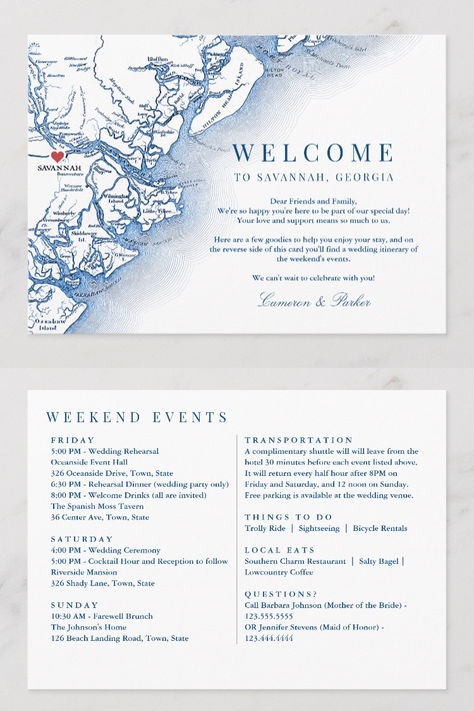 Welcome your guests to your Savannah wedding with our Zazzle custom itinerary card, featuring an elegant navy blue design inspired by iconic venues like Forsyth Park Inn, The Mackey House, The Gingerbread House, The Olde Pink House, and Savannah Station. These are perfect for your welcome bags or for out of town guests. Add a touch of Southern sophistication to your celebration—order this personalized itinerary card now and let the festivities unfold in style on your special day! The Mackey House Wedding, Savannah Wedding Invitations, Wedding Weekend Itinerary For Guests, Destination Wedding Itinerary For Guests, Last Toast On The Coast Itinerary, Wedding Welcome Bags Florida, Savannah Map, Georgia Islands, Navy Blue Design