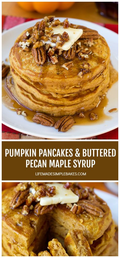 You're going to love these incredibly light and fluffy pumpkin pancakes! Perfectly spiced and topped with a homemade buttered pecan maple syrup, these golden beauties are everything I love about fall! #pumpkinpancakes #butteredpecanmaplesyrup #homemademaplesyrup #perfectpumpkinpancakes #pecanmaplesyrup Pancakes Pumpkin, Fluffy Pumpkin Pancakes, Pecan Pancakes, Life Made Simple, Pumpkin Pancake Recipe, Healthy Pancake Recipes, Banana Pancakes Recipe, Pumpkin Spice Syrup, Pumpkin Pancakes