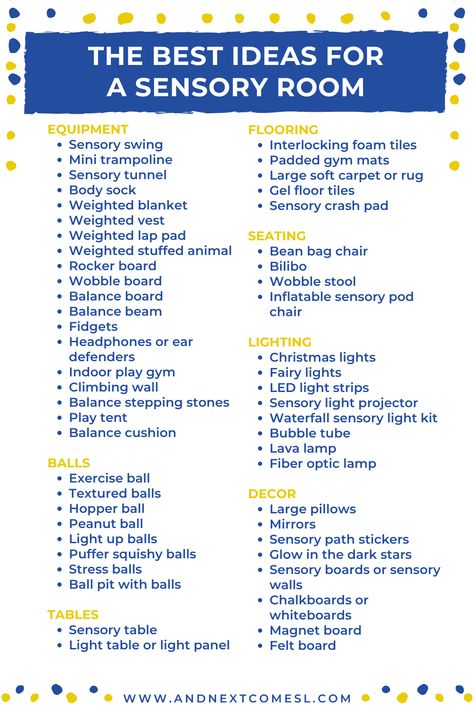 Need ideas for a sensory room at home? Here's a huge list of the best sensory room ideas for kids! Middle School Sensory Ideas, Sensory Center Ideas, Sensory Rooms For Adults, Diy Sensory Room Ideas At Home, Sensory Room Adults, Sensory Break Ideas, Calming Sensory Room For Adults, Sensory Room Must Haves, Small Sensory Room Ideas