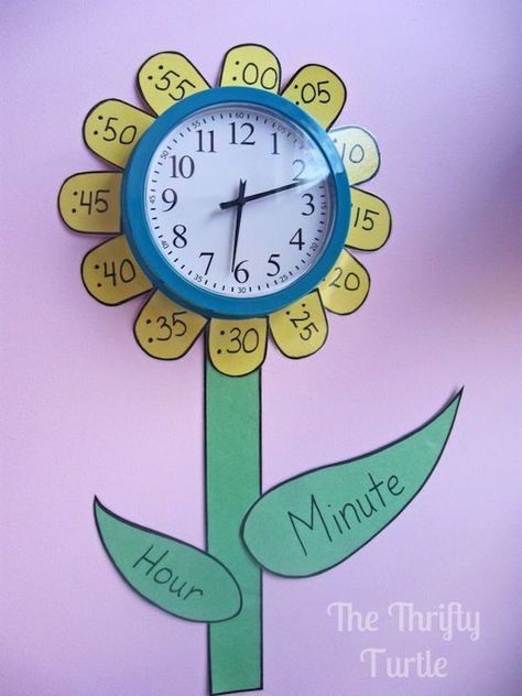 Remind or teach your kids how to tell time by creating a clock like this in their bedroom (or classroom if you're a teacher) Seuss Decorations, Daycare Design, Kids Schedule, School Vibes, Teaching Time, Math Time, Teacher Things, School Room, Classroom Displays