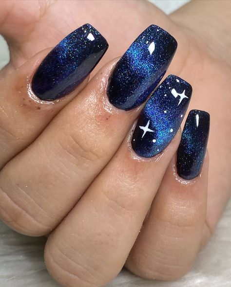 Doctor Who Nails Designs, Navy Blue Nails Stars, Navy Blue Nails With Stars, North Star Nails, Navy Star Nails, Chanukah Nails, Night Court Nails, Space Nails Galaxy, Blue Nails With Stars