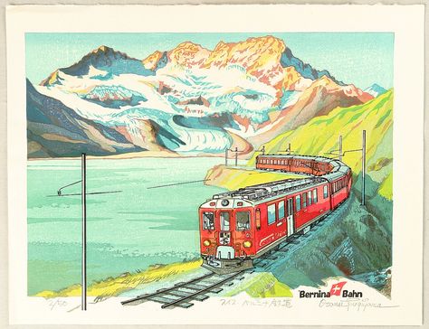 Bernina Railway - Switzerland Switzerland Sketch, Switzerland Scrapbook, Switzerland Drawing, Cityscape Reference, Switzerland Images, Switzerland Illustration, Toshi Yoshida, Switzerland Painting, Switzerland Art