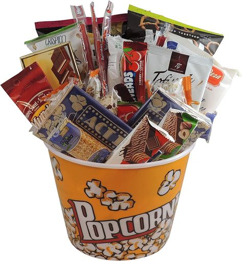 Popcorn Bucket Gift Ideas, Bucket Gift Ideas, Game Night Gift Basket, Tricky Tray, Snack Bucket, Night Poem, Cheap Candy, Snack Gift Baskets, Movie Night Gift Basket