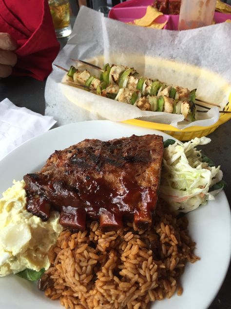 All delish!!!  BBQ Ribs, homemade potato salad, Peas n Rice (Bahamian dish) and Chicken Kabobs tucked away @ Viola's Bar and Grill, on Paradise Island, Bahamas Bahamian Food, Homemade Potato Salads, Rice And Peas, Chicken Kabobs, Bbq Ribs, Food Drinks Dessert, Paradise Island, Peas, Potato Salad