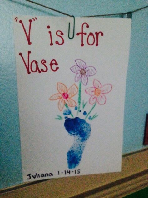 V is for Vase- Infant Footprint Craft V For Vase Craft, V Is For Handprint Craft, Letter V Handprint Craft, Abc Footprint Art, Baseball Footprint Craft, Letter A Footprint Craft, Abc Crafts For Infants, V Handprint Craft, G Is For Craft Handprint