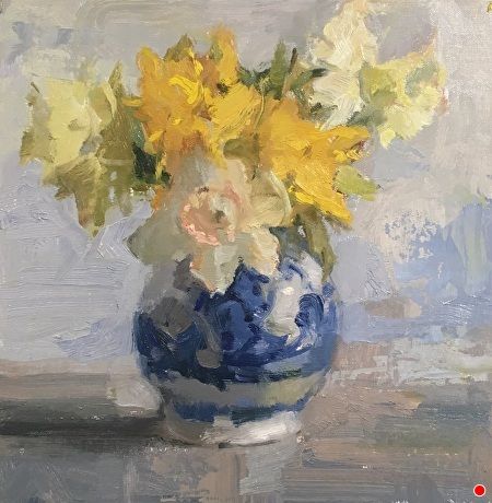 Daffodil Spring by Bernard Dellario, Oil, 10 x 10 Daffodil Flower Painting, Daffodil Quilt, Daffodil Artwork, Painted Daffodils Acrylic, Painting Daffodils, Daffodil Oil Painting, Painting Themes, Abstract Floral Artwork, Floral Art Paintings