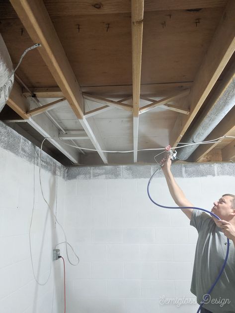 Unfinished Basement Ceiling, Exposed Basement Ceiling, Cheap Basement Remodel, Basement Decoration, Dream Basement, Basement Remodel Diy, Basement Gym, Basement Playroom, Basement Laundry Room