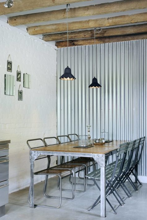 20 Creative Ways to Use Corrugated Metal Panels for Interior Walls in Your House – AprylAnn Corrugated Steel Half Wall, Corrugated Interior Walls, Sheet Metal Wall Interior Design, Painted Corrugated Metal Wall, Galvanized Steel Wall, Corigated Metal Walls Rustic, Metal Cladding Interior, Galvanized Metal Decor, Corrugated Wall