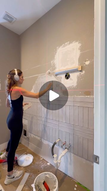 Lauren Beavers on Instagram: "DIY Bathroom Makeover Progress: Absolutely in loooooove with this tile and the way it’s all coming together ✨ 

tile is from @thetileshop 🤩

#bathroomrenovation #bathroommakeover #diyproject #diyprojects #diy #diyhomeproject #diyidea #homedesign #diyhomeprojects #bathroomdesign #bathroomtile" Floor To Ceiling Bathroom Tile, Bath Panel Ideas Diy, Neutral Master Bath, Bathroom Updates On A Budget, Neutral Bathroom Tile, Trendy Bathroom Tiles, Diy Bathroom Makeover, Bathroom Upgrade, Interior Design Videos