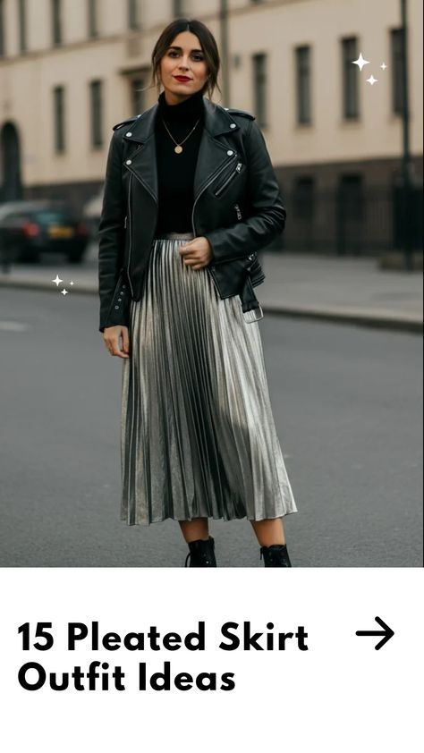 pleated skirt outfit ideas,Women in leather jacket metallic pleated skirt outfit Pleated Skirt Outfit Ideas, Silk Skirt Outfit, Traditional Skirts, Satin Skirt Outfit, Pleated Skirt Outfit, Metallic Pleated Skirt, Streetwear Outfit Ideas, Tennis Skirt Outfit, Skirt Outfit Ideas