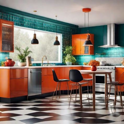 Modern kitchen with orange cabinets, green tile backsplash, black and white checkered floor, and large window with plants. Colorful Backsplash Ideas, Funky Kitchen Decor, Funky Kitchen Ideas, Modern Diner, Funky Interior, Funky Interior Design, Green Kitchen Walls, Eclectic Kitchen Design, Earthy Kitchen