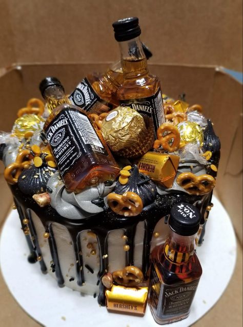 Cake With Bottles Of Alcohol, Cakes With Alcohol Bottles, Cake With Alcohol Bottles On Top, Alcohol Bottle Cake, Liquor Bottle Cake, 24th Birthday Cake, Mini Alcohol Bottles, Bottle Cake, Rosette Cake