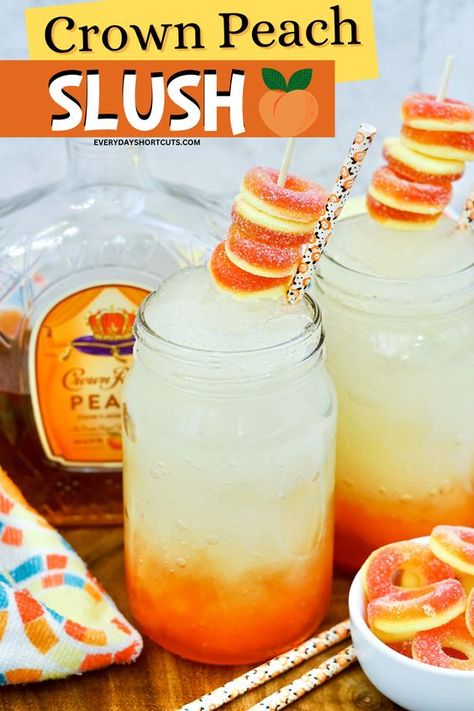 Crown Peach Slushies, Crown Peach Slush, Crown Peach Beach Drink, Peach Beach Drink With Peach Crown, Slushes With Alcohol, Girly Drinks Alcohol Easy, Bar Drink Specials Ideas, Peach Punch Alcoholic, Slushie Alcohol Drinks