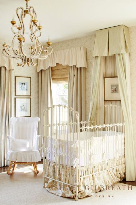 French Nursery Decor, Ashley Gilbreath Interiors, Ashley Gilbreath, Iron Crib, White Baby Cribs, French Nursery, Elegant Nursery, Canopy Bedroom, Rocking Chair Nursery