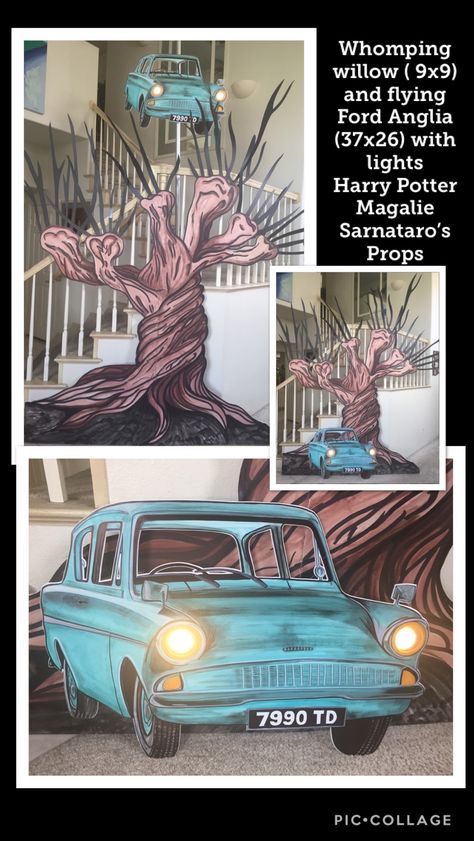 Whomping willow and Ford Anglia vignette  Harry Potter  Willow 9x9 foam core boards and paint. Car 37x26 composite board and paint with spot lights Magalie Sarnataro’s Props Harry Potter Wood Cutout, Harry Potter Cutouts, Whomping Willow Diy, Trunk Or Treat Ideas Harry Potter, Outdoor Harry Potter Decor, Harry Potter Outdoor Decor, Ford Anglia Harry Potter, Harry Potter Trunk Or Treat, Harry Potter Halloween Decorations