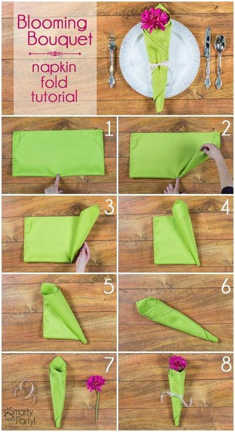 How To Fold Napkins, Diy Napkin Folding, Napkin Folding Tutorial, Fold Napkins, Paper Napkin Folding, Creative Napkins, Blooming Bouquet, Diy Napkins, Napkin Design