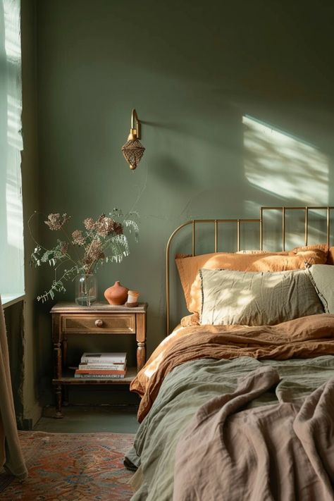 Room Color Ideas Small Bedroom, Olive Green Room Paint, Green Paint Color For Bedroom, Room Ideas Color Paint, Olive Green Behr Paint, Green Painted Bedroom Ideas, His And Hers Room Ideas, Best Green Paint Colors Bedroom, Sage Green Yellow Bedroom