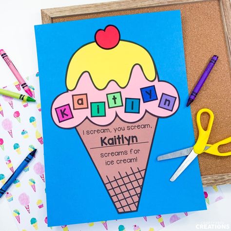 Ice Cream Name Craft, Ice Cream Truck Craft Preschool, Ice Cream Truck Craft, Name Craft Preschool, Ice Cream Bulletin Board, Abc Bootcamp, Ice Cream Names, Ice Cream Diy, Cool Crafts For Kids