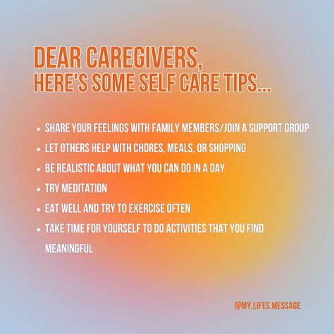 If you are a caregiver, you have to remember to care for your own mental and physical well-being. Taking on the physical and emotional demands of caring for someone is exhausting, difficult, and so much more. Here are some self-care tips every caregiver needs! #mylifesmessage #caregiver #caregiving #selfcare #selfcaretips #tipsforselfcare #selfcareisntselfish #caregiverhelp #caregivertips #mentalhealth #physicalhealth #emotional Caregiver Self Care, Caregiver Humor, Nurse Coaching, Holistic Nurse, Alzheimers Awareness, Family Caregiver, Care Plans, Physical Wellness, Alzheimers