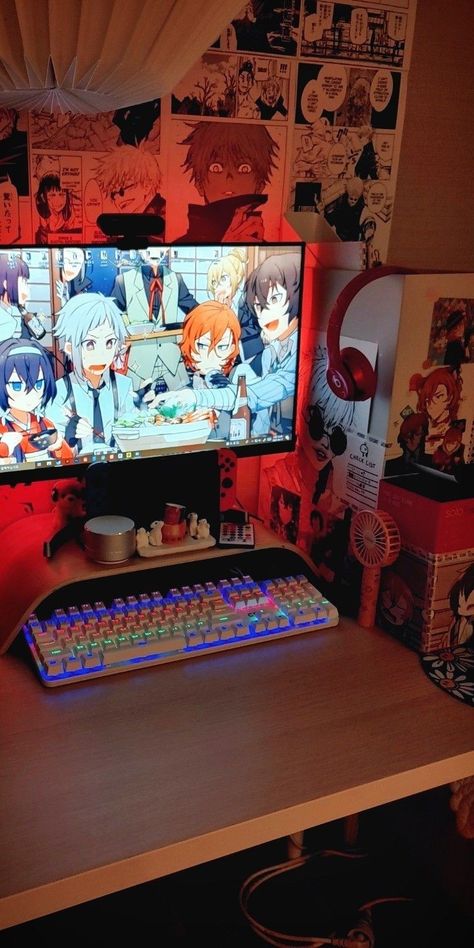 Setup Room Ideas, Fun Kids Room Ideas, Anime Gaming Room, Dream Desk Setup, Desk Setup Gaming, Gaming Space, Dream Desk, Gaming Setups, Desktop Setup