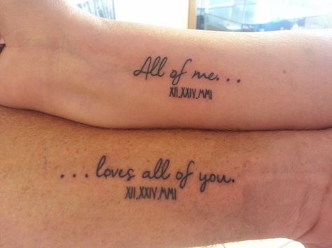 Love Tattoos For Couples Soul Mates, Matching Couple Tattoos Song Lyrics, I Love You Best Friend Tattoos, Husband And Wife Tattoos King Queen, All Of Me Tattoo, All Of Me Loves All Of You Tattoo, Couples Tattoo Designs Marriage, You Complete Me Tattoos, Her One His Only Tattoo Couples