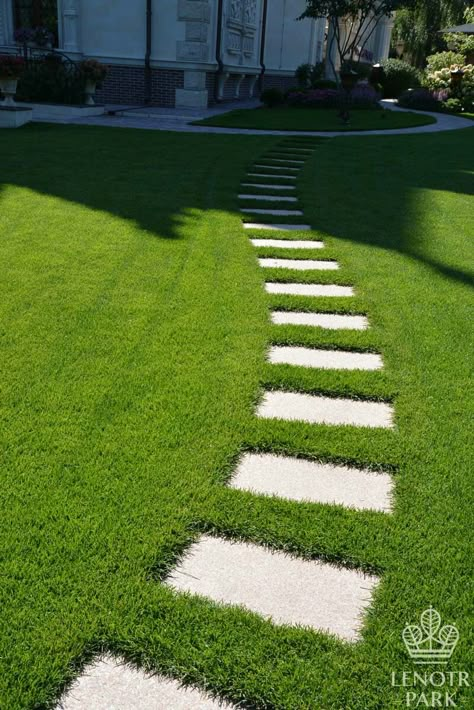 Pavers In Grass Lawn Walkway, Garden Path To Shed, Garden Pathway Ideas Walking Paths Stepping Stones, Modern Walkway, Narrow Backyard Ideas, Modern Partition, Backyard Walkway, Backyard Garden Landscape, Minimalist Garden