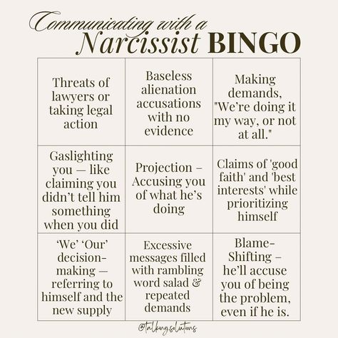 ❕The next time you send a message disagreeing with your coparent or setting a boundary, prepare yourself for the inevitable narcissistic response. 🚩Communication with a narcissist is never about resolution and it’s certainly never about making things easier on the kids—it’s about control and chaos, and what your coparent wants. So, why not take the edge off and turn it into a game? Play✨Communication with a Narcissist Bingo✨ and predict the nonsense! 🤭 Being prepared for their tactics won’... Narcissistic Response, Making Words, Being Prepared, Making Things, Game Play, The Kids, My Way, Bingo, Games To Play