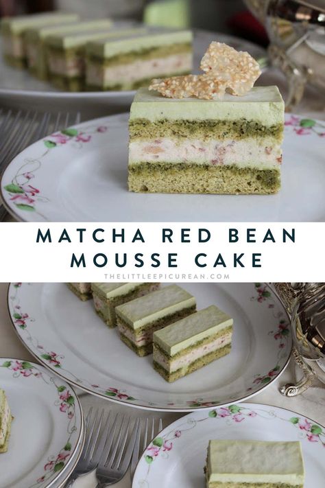 Matcha Red Bean Mousse Cake. Recipe features matcha cake layered with matcha mousse and red bean mousse. Perfect little treats for afternoon tea or Mother's Day. #matcha #matchacake #matcharedbean Matcha Red Bean, Red Bean Dessert, Matcha Mousse, Matcha Green Tea Recipes, Outdoors Quotes, Mousse Cake Recipe, Asian Cake, Layered Dessert, Matcha Cake