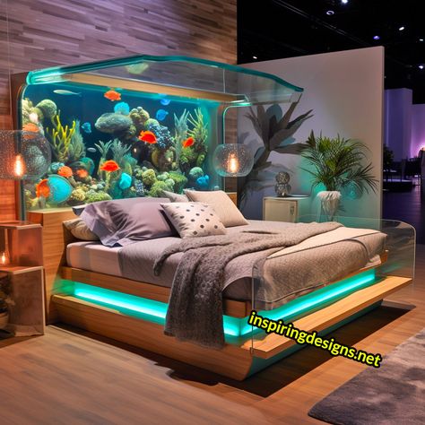 These Stunning Aquarium Beds Let You Sleep with the Fishes, but in a Good Way! Awesome Beds, Aquarium Theme Bedroom, Fish Aquarium Ideas For Bedroom, Aquarium Bed, Aquarium In Bedroom, Fish Tank Headboard, Fish Tank Bed, Fantasy Bed, Aquarium Hotel Room