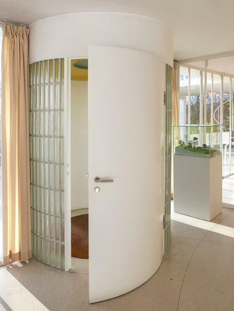 Window Stairwell, Villa Stenersen, Curved Entryway, Curved Door, Danish Architecture, Sight Unseen, Glass Brick, Modernist Architecture, Glass Blocks