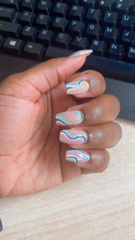 Pastel Nails Swirl Designs, Purple And Green Nails Short, Utah Nails Summer, Pastel Abstract Nails, Square Swirl Nails, Summer Nails Abstract, Summer Abstract Nails, Ocean Wave Nails, Pastel Nails Summer