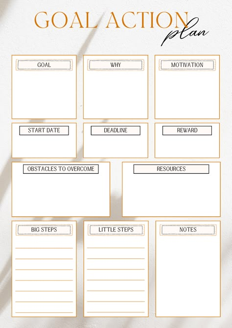 printout Goal Action plan aesthetic granular Goal Action plan template goal planning template goal into action tool printout goal planning worksheet print plan your goal into actual steps a goal broken down into steps life goals planner ideas planner ideas for goals Planning Goals Ideas, Action Plan Template Business, Diy Goal Tracker, Goals Chart Ideas, Life Goals Worksheet, Plan Of Action Goal Settings, Plan Of Action Template, Goals Action Plan, Goal Tracking Ideas