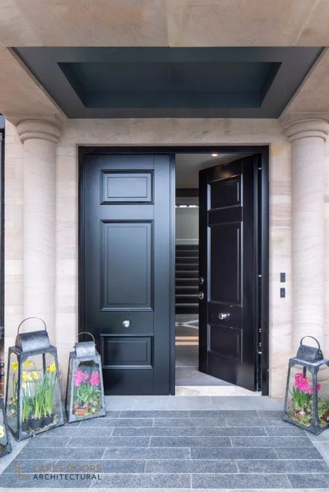 Traditional Black Front Doors, Black Front Double Doors, Two Door Entrance Front Entry, Black Double Doors Entrance, Front Door Double Doors Entrance, Double Front Entry Doors Modern, Black Double Front Doors, Double Front Doors Entrance, Front Double Door Ideas