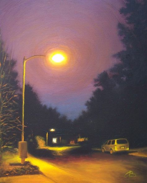 Street Painting, Painting Lamps, Black Wall Art, Night Landscape, Cityscape Art, Night View, A Level Art, Street Lamp, Night Painting