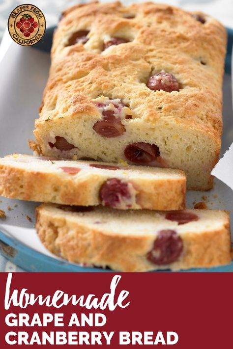 Here's a simple bread recipe for fall with no yeast featuring grapes from California and cranberries.  Good for breakfast or for a treat at night, this homemade bread is delicious topped with butter, or left as is.  #breakfast #simple #noyeast #butter #night #bakingrecipes #breadrecipeseasy #bread #breadrecipeshomemade #breadrecipes #breadbaking Grape Bread Recipes, Grape Bread, Simple Bread Recipe, Breakfast Simple, Cranberry Tea, Simple Bread, Recipe For Fall, Bread Soup, Tea Bread