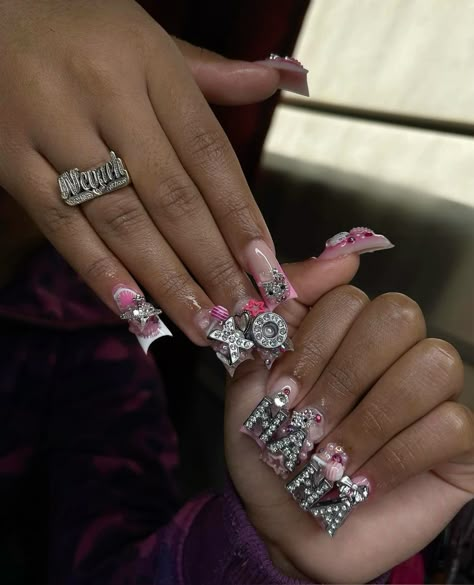 Hot Pink Duck Nails, Rhinestone Duck Nails, Junk Nails Bling Duck Short, Medium Duck Nails With Charms, Pink Duck Nails With Charms, Duck Nails Pink And Black, Grey Acrylic Nails, Acrylic Nails Nude, Funky Nail Designs