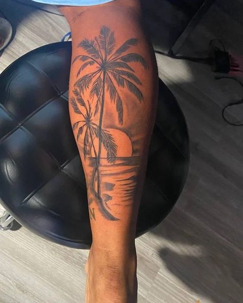 Beach Arm Tattoo, Florida Tattoo Ideas For Men, Island Tattoo Ideas, Cuban Tattoos, Arm Tattoos For Guys Forearm, Hexagon Tattoo, Tree Tattoo Men, Tiger Tattoo Sleeve, Island Tattoo