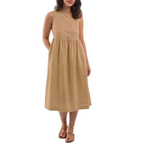 PRICES MAY VARY. Summer linen dresses are made of premium pure linen fabric, pre-shrunk, light-weight, and breathable. The woven linen dresses featuring a sleeveless, crew neck, slant pockets, solid color, below the knee length, button-front closure, relaxed fit. Button-front dresses great for beach, daily, school, party, shopping, dating, home, vacation, etc. These linen midi dresses can be worn backwards and forwards if you like. Machine washable in cold water, but we recommend hand washing. H Plus Size Linen Dress, Plus Size Linen, Home Vacation, Teacher Clothes, Linen Summer, Summer Linen Dresses, Linen Midi Dress, School Party, Summer Linen