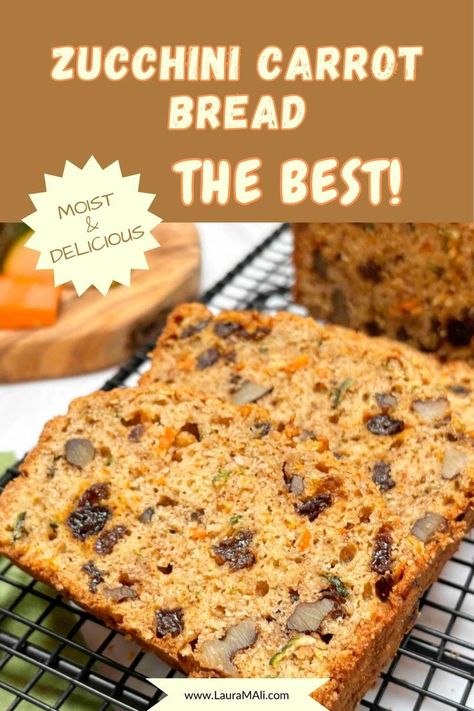 Zucchini bread sliced on a plate on the top and sitting on a cutting board on the bottom with the words zucchini carrot bread in the center Zucchini Carrot Bread, Carrot Zucchini Bread, Extra Zucchini, Carrot Bread Recipe, Spiced Zucchini, Zucchini Carrot, Best Zucchini, Carrot Bread, Spiced Carrots