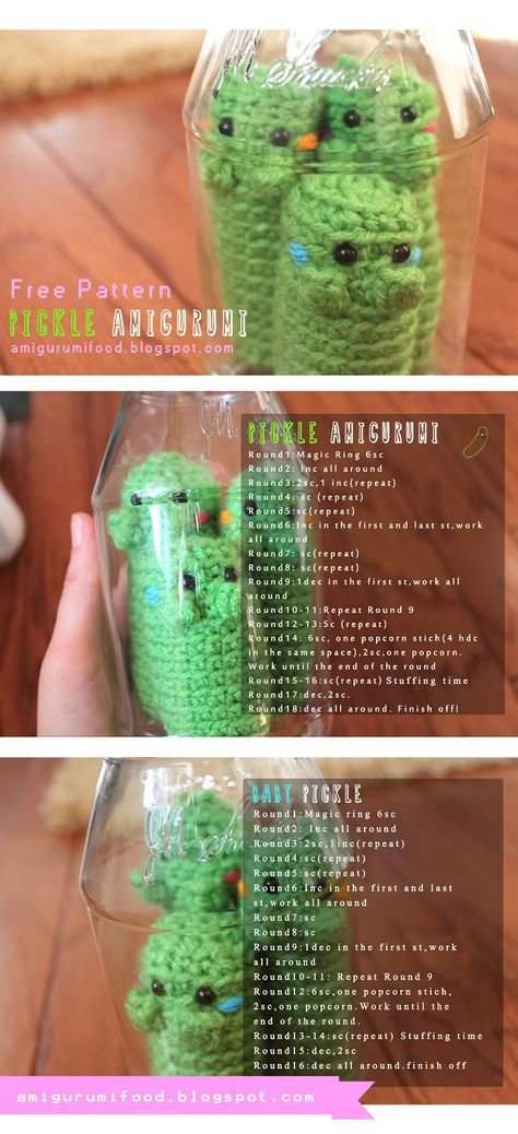 Here's my cute family of Pickle!Holding the air inside of the tiny and cutie jar!I love them soo much, It's an excellent gift for your family or friends!The pattern is super easy to make!!I hope you l Food Amigurumi, Crochet Play Food, Food Crochet, Amigurumi Food, Crochet Fruit, Crochet Food, Kawaii Crochet, Quick Crochet, Crochet Things