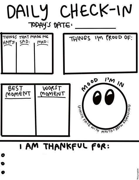 "MAKE YOUR MENTAL HEALTH A PRIORITY WITH THIS CUTE AND SIMPLE \"DAILY CHECK-IN\" CHART! FILL IT OUT DAILY (DIGITALLY), OR PRINT IT AND LAMINATE IT AND GIVE TO YOUR KID(S) TO FILL OUT! CREATED WITH THE INTENT TO GET CHILDREN/ANYONE AWARE OF THEIR MENTAL HEALTH PROGRESS.  8.5\" X 11\" DIGITAL/PRINTABLE DOWNLOAD BY ESMIRNA TAPIA OF DISCO MONDAYS STUDIO *THIS IS A DIGITAL PRODUCT- NO PHYSICAL PRODUCT WILL BE SHIPPED TO YOU.* PLEASE NOTE THAT DUE TO THE DIGITAL NATURE OF THIS PRODUCT, ALL SALES ARE FINAL. YOU CAN ALWAYS CONTACT ME FOR ANY QUESTIONS AND/OR INQUIRIES :) *WARNING: Files are for personal use only and may not be resold, copied, distributed, altered, shared, or used for commercial use." Check In Therapy Activities, Growth Mindset Art Project, Monday Check In, Feeling Check In, Safety Plan For Kids Mental Health, Free Worksheets For Mental Health, Mood Check In, Daily Check In, Mental Health Work Activities