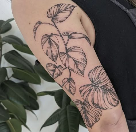 Plant Forearm Tattoos For Women, Monsters Plant Tattoo, Trailing Plant Tattoo, Leafy Plant Tattoo, Fiddle Leaf Tattoo, Large Leaf Tattoo, Wrap Around Plant Tattoo, Golden Pothos Tattoo, Monstera Vine Tattoo