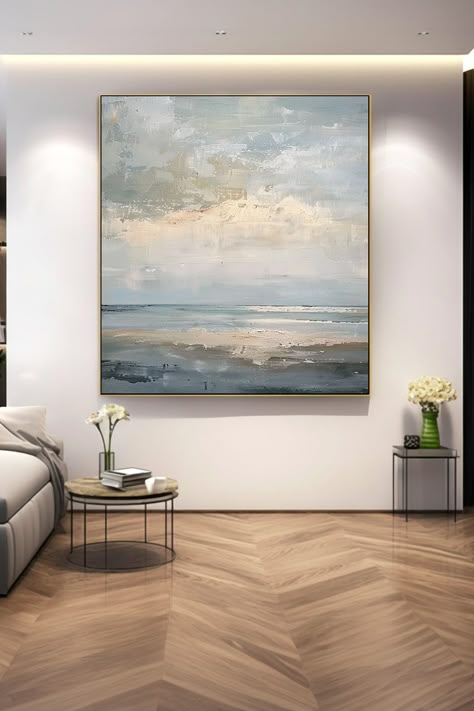 Original handmade oil painting of a serene seascape with misty beach and textured brushstrokes creating a calm, coastal atmosphere Misty Beach, Paintings To Paint, Abstract Decorative Painting, House Paintings, Seascapes Art, Modern Art Canvas Painting, Paint Inspiration, Mountain Paintings, Handmade Artwork