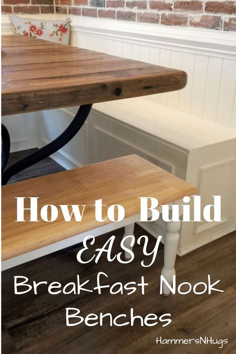 Take the included materials list with dimensions and quantities to your local hardware store, and discover a trick on how to build easy breakfast nook benches with this DIY tutorial.  . .  #frenchcountrycottage #frenchcountry #frenchcountrydecor #decor #design #frenchcountrystyle #cottagestyle #shabbychic #farmhousestyle #fixerupper #diy #doityourself #diy  #diydecor #homeimprovement #renovation #remodeling #diyideas Diy Bench Kitchen Table, How To Make A Breakfast Nook, Easy Diy Breakfast Nook, How To Build A Bench For Kitchen Table, Diy Breakfast Nook Bench With Storage, Built In Table Kitchen Breakfast Nooks, Kitchen Nook Diy, Diy Nook Bench, Kitchen Nook Bench